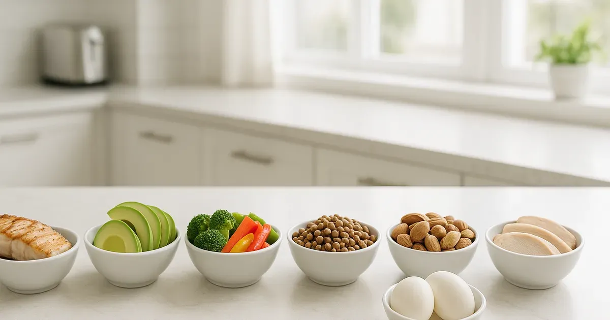 Eight small bowls of diverse foods representing different weight loss meal plans on a bright kitchen countertop