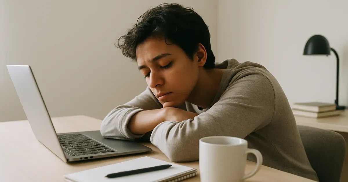 Exhausted person slumped at desk illustrating the causes of fatigue