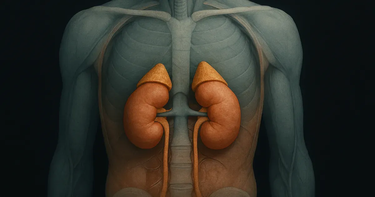 Anatomical illustration showing adrenal glands above kidneys, where cortisol is produced