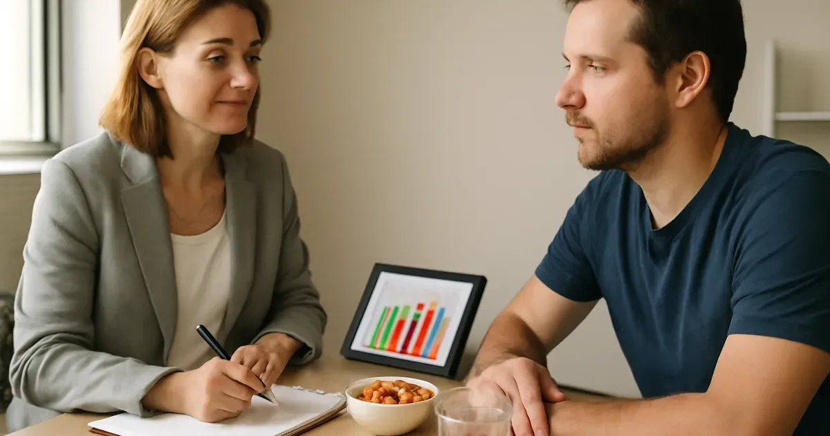 Dietitian and client during a dietary counseling session with healthy foods on the table