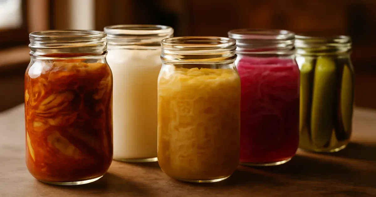Fermented foods including kimchi, kefir and sauerkraut supporting gut microbiome and hormone balance for anti-aging