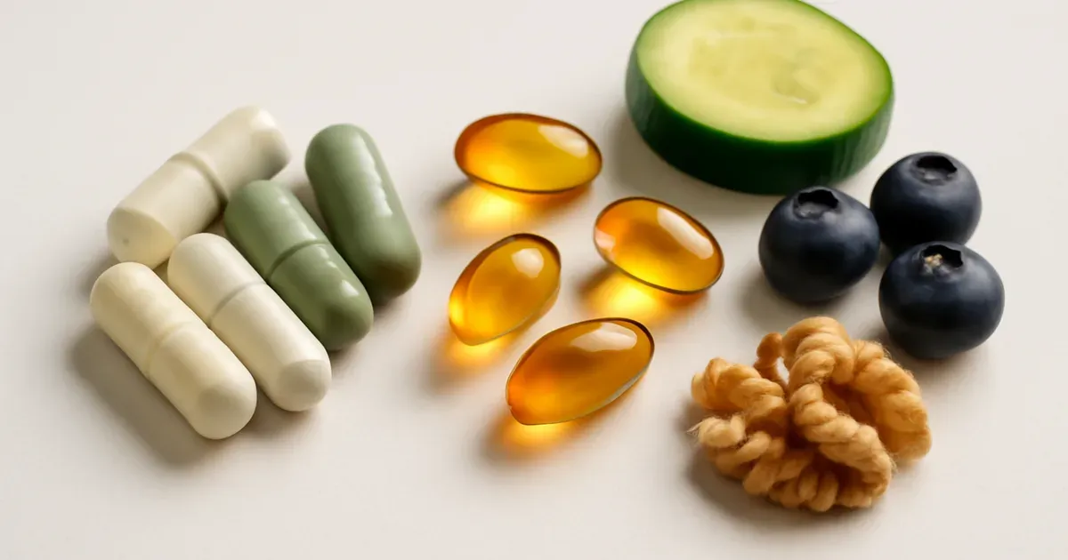 Probiotic capsules and omega-3 supplements representing evidence-based nutraceuticals for anti-aging and gut health