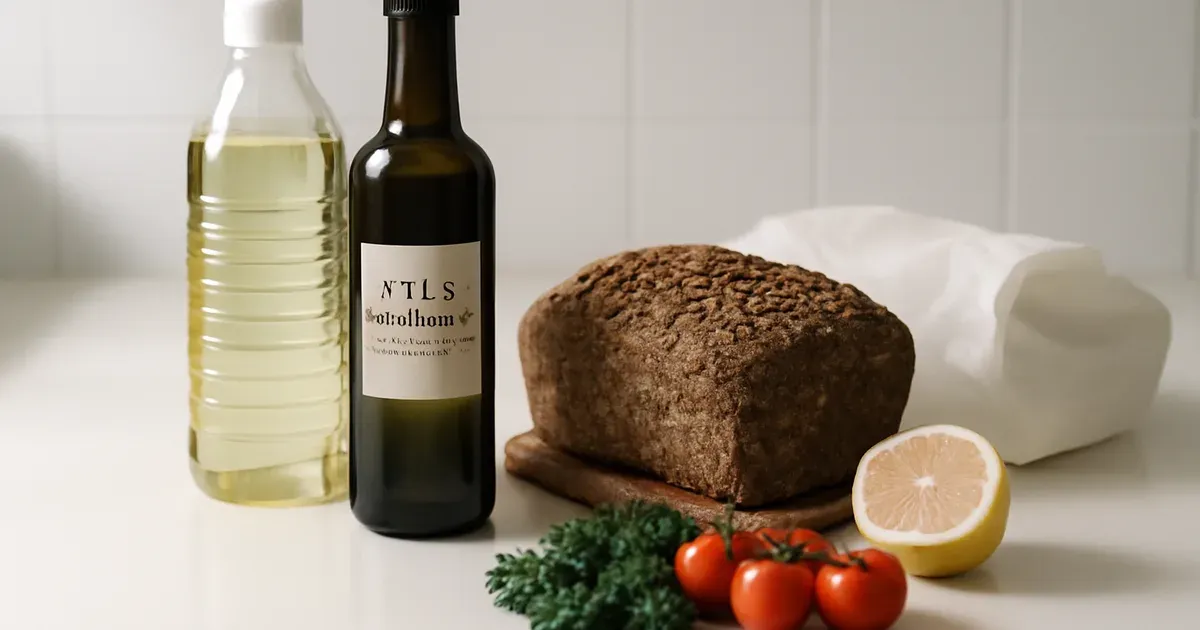 Kitchen counter swap replacing inflammatory oils and refined carbs with olive oil and whole grain foods for an anti-inflammatory diet