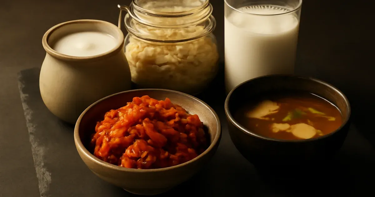 Fermented foods including kimchi, sauerkraut, kefir and miso that nourish the gut microbiome on an anti-inflammatory diet