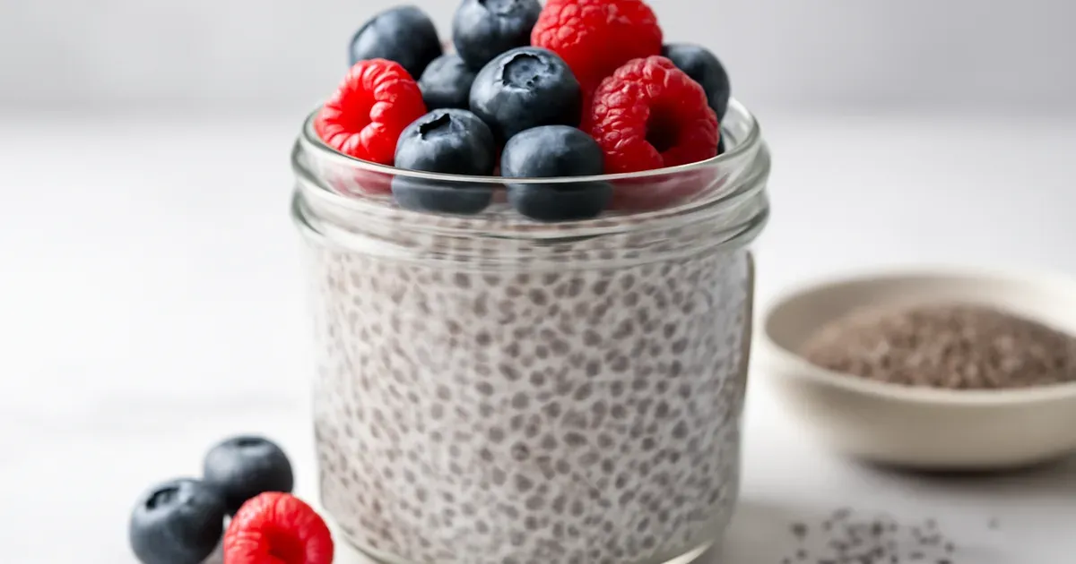 Chia pudding topped with berries in a glass jar — a simple anti-inflammatory breakfast rich in omega-3 fatty acids