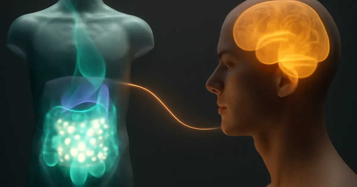 Visual representation of the gut-brain axis showing connection between gut microbiome and brain through the vagus nerve
