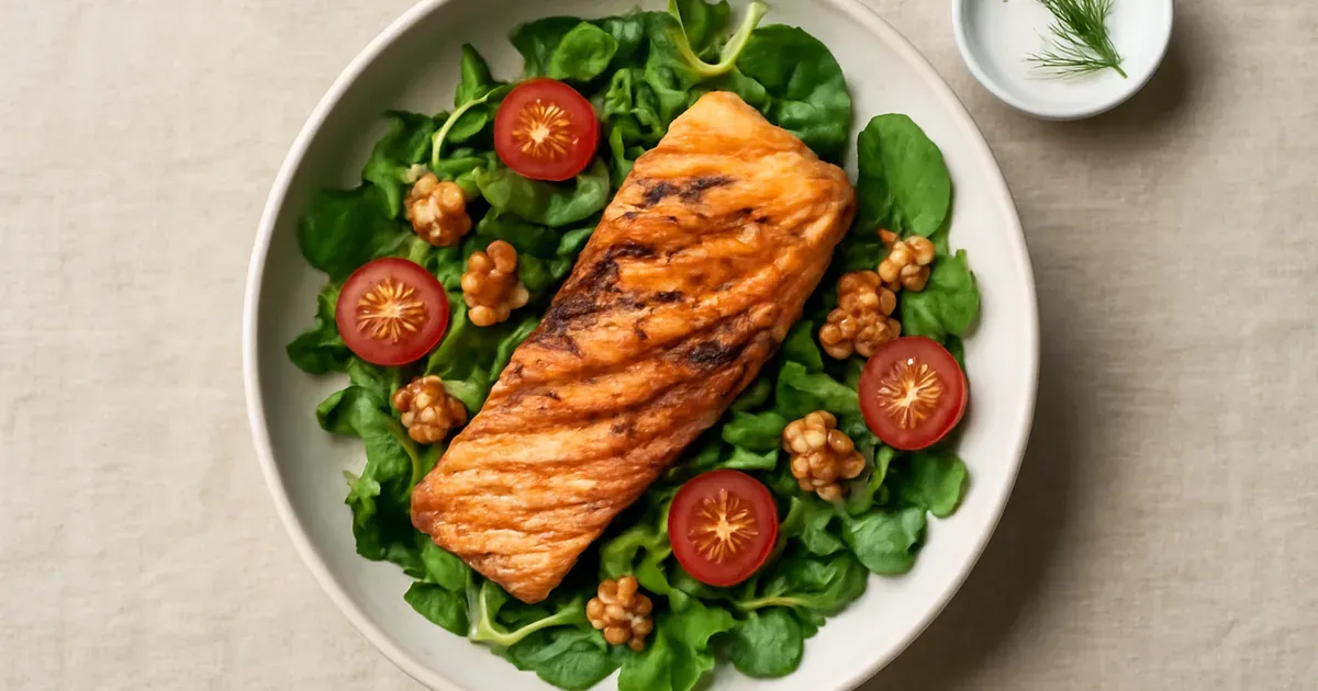 Mediterranean salmon bowl with leafy greens, tomatoes, walnuts, and olive oil — a complete anti-inflammatory meal