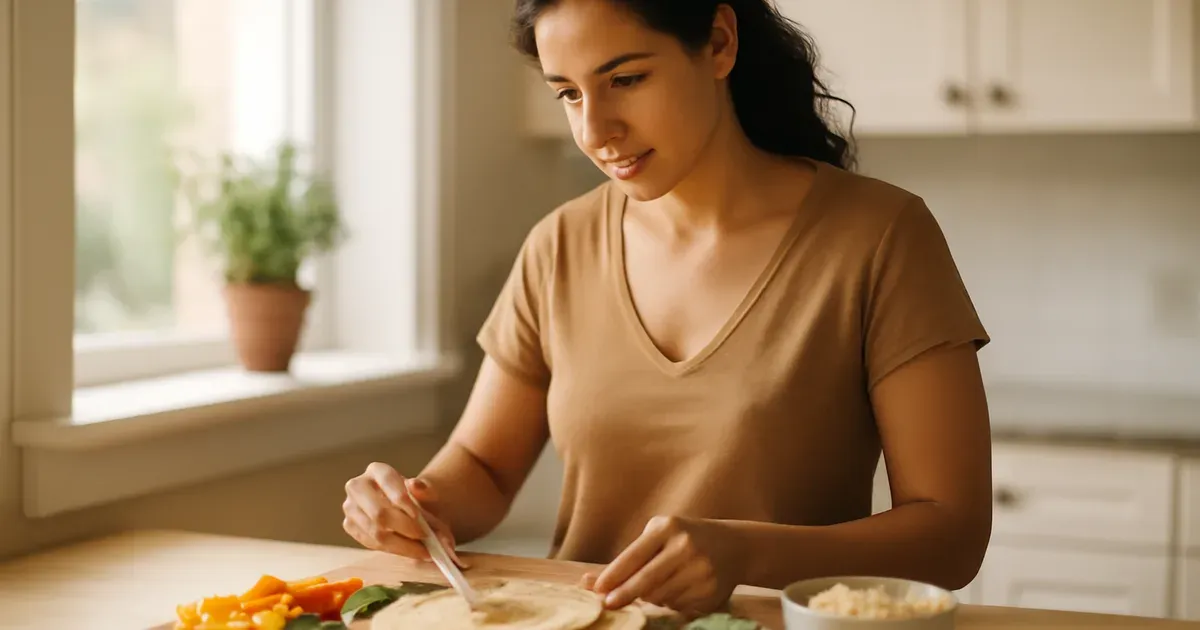 Person spreading hummus on a whole-grain tortilla with fresh vegetables to make an anti-inflammatory vegetable hummus wrap