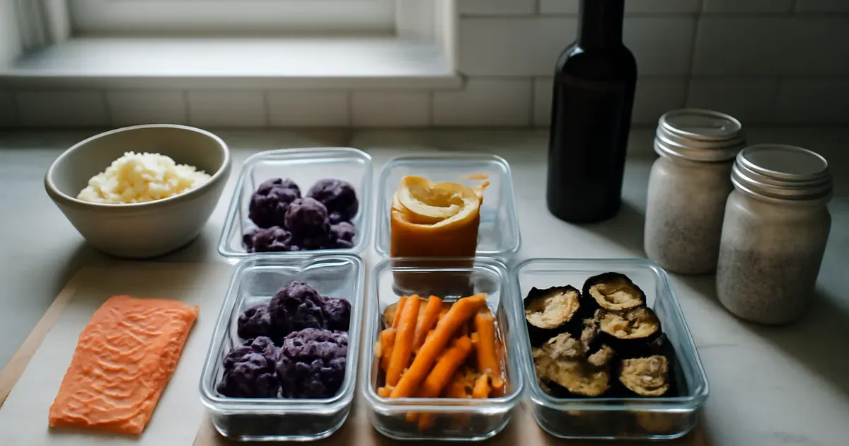 Anti-inflammatory meal prep ingredients including turmeric, salmon, quinoa, and colourful vegetables in glass containers