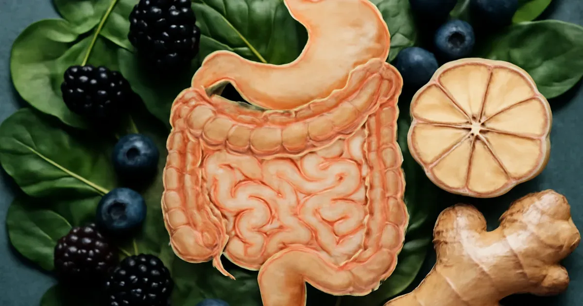 Illustration of gut microbiome overlaid on colourful anti-inflammatory vegetables representing the diet-gut health connection