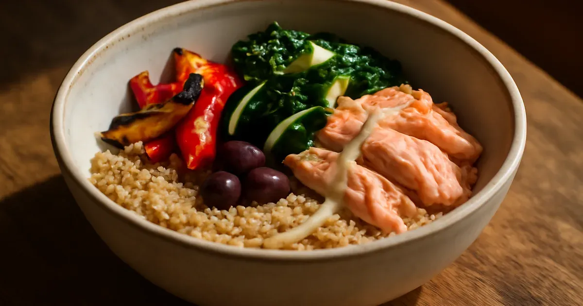 Mediterranean anti-inflammatory grain bowl with quinoa, roasted vegetables, salmon and tahini dressing