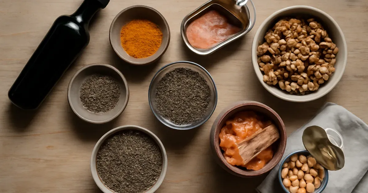 Anti-inflammatory pantry essentials including olive oil, turmeric, black pepper, chia seeds, canned salmon, and kimchi