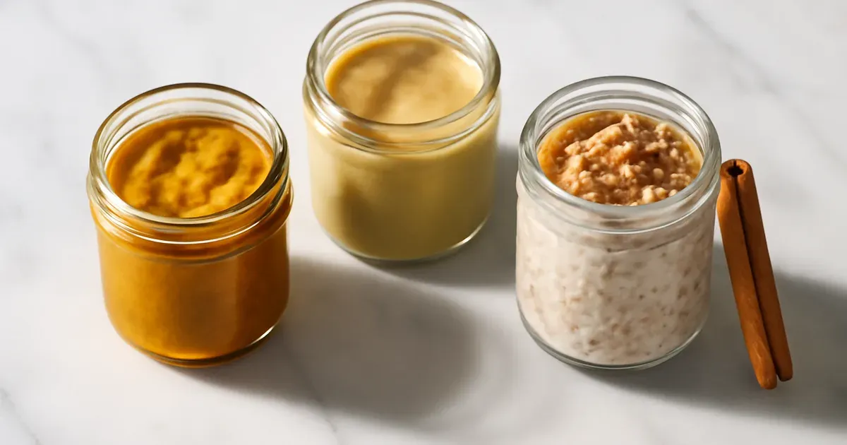 Three anti-inflammatory flavour bases: turmeric paste, tahini dressing, and golden overnight oats in glass jars