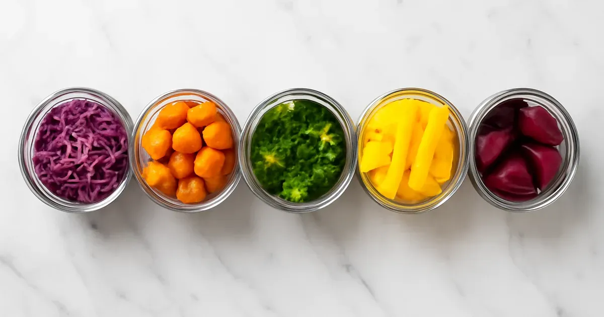 Five glass containers filled with colourful anti-inflammatory vegetables representing the Rainbow Container Method for meal prep