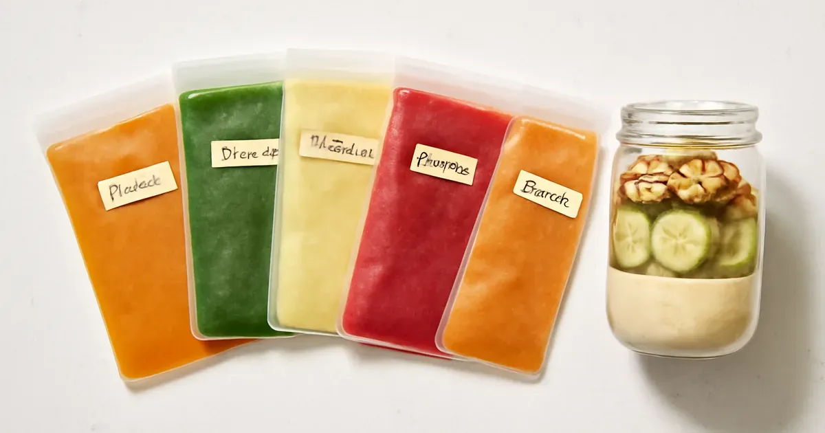 Anti-inflammatory frozen smoothie packets and mason jar snack pots prepared for the week ahead