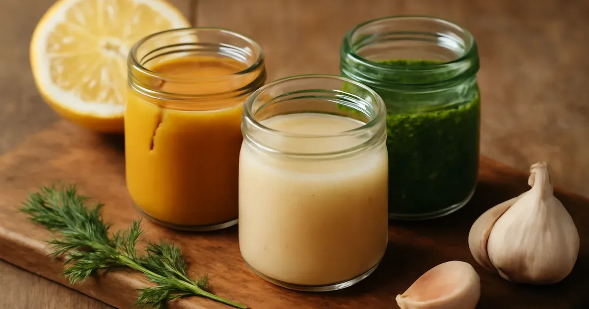 Three glass jars of homemade anti-inflammatory dressings including turmeric tahini, miso-ginger, and herb olive oil sauce