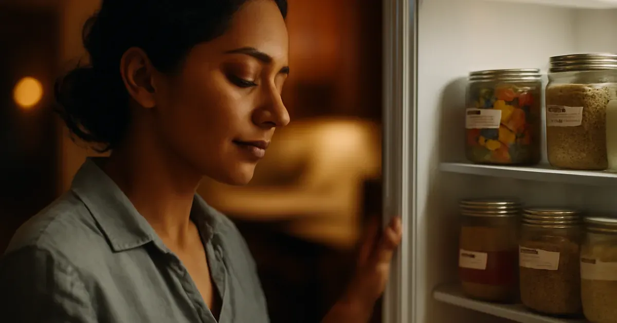 Organised fridge filled with labelled anti-inflammatory meal prep containers and mason jars for the week