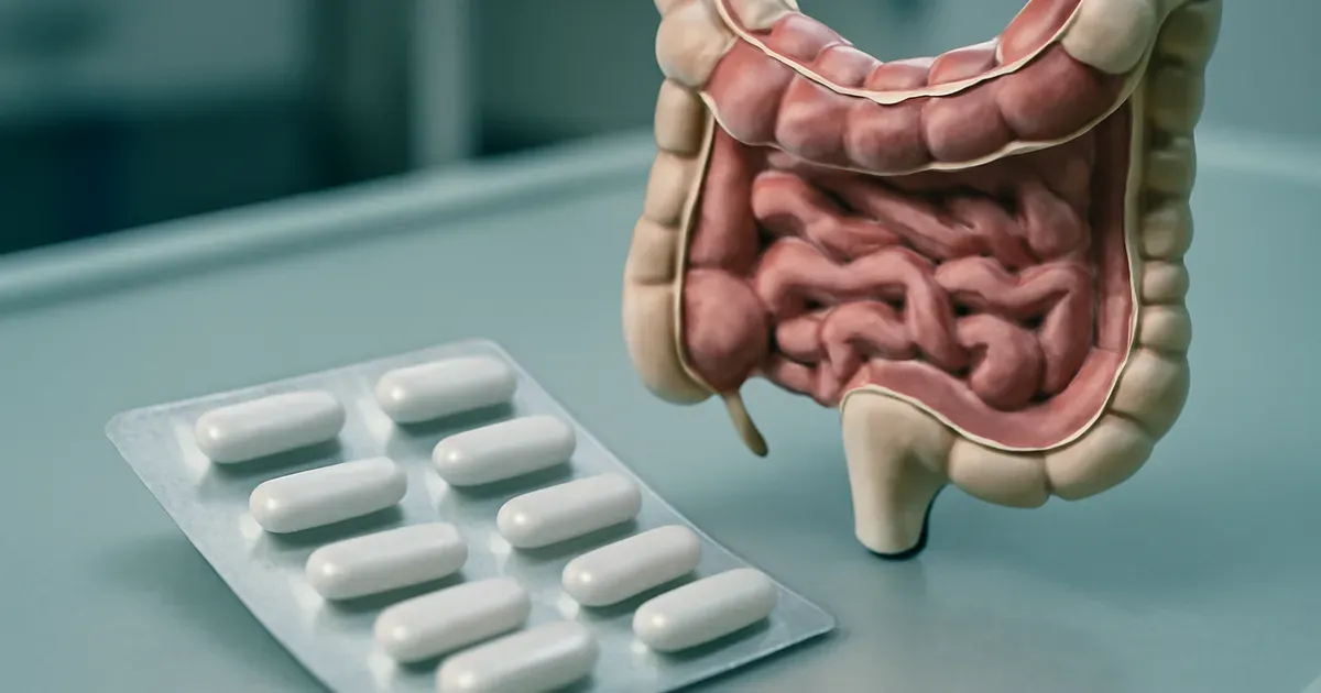 Antibiotic pills beside a gut microbiome illustration showing damage to gut bacteria diversity
