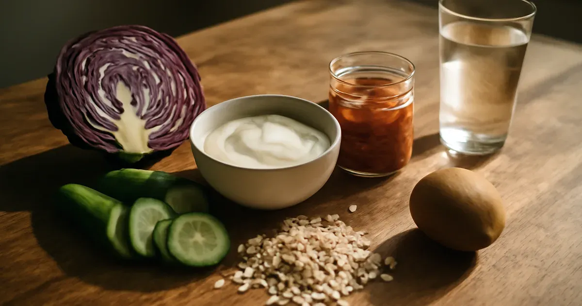 Gut-healthy foods including fermented vegetables, whole grains, and probiotics on a wooden kitchen table