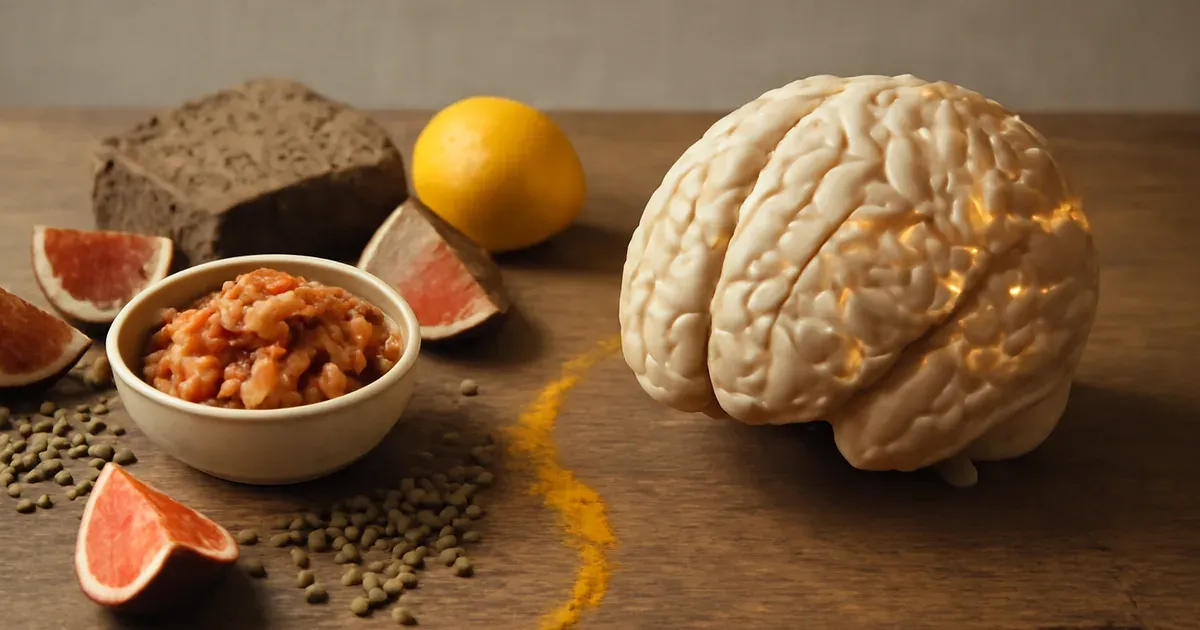Colourful whole foods beside a glowing brain illustration representing the gut health and brain connection