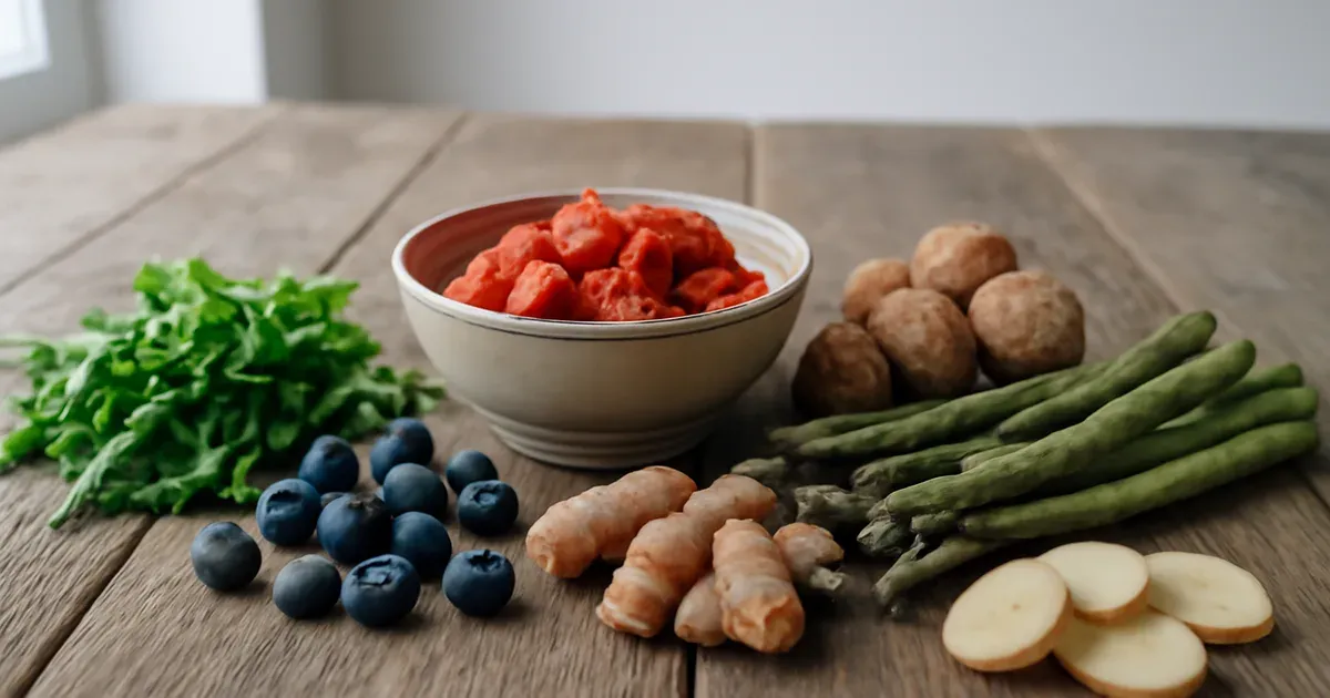 Colourful spread of gut health foods including kimchi, blueberries, arugula, walnuts and turmeric on a wooden table