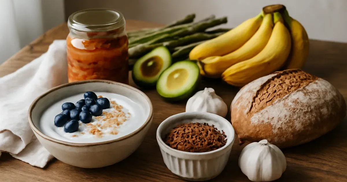 Colourful spread of the best foods for gut health including yogurt, kimchi, avocado, lentils, and whole grains