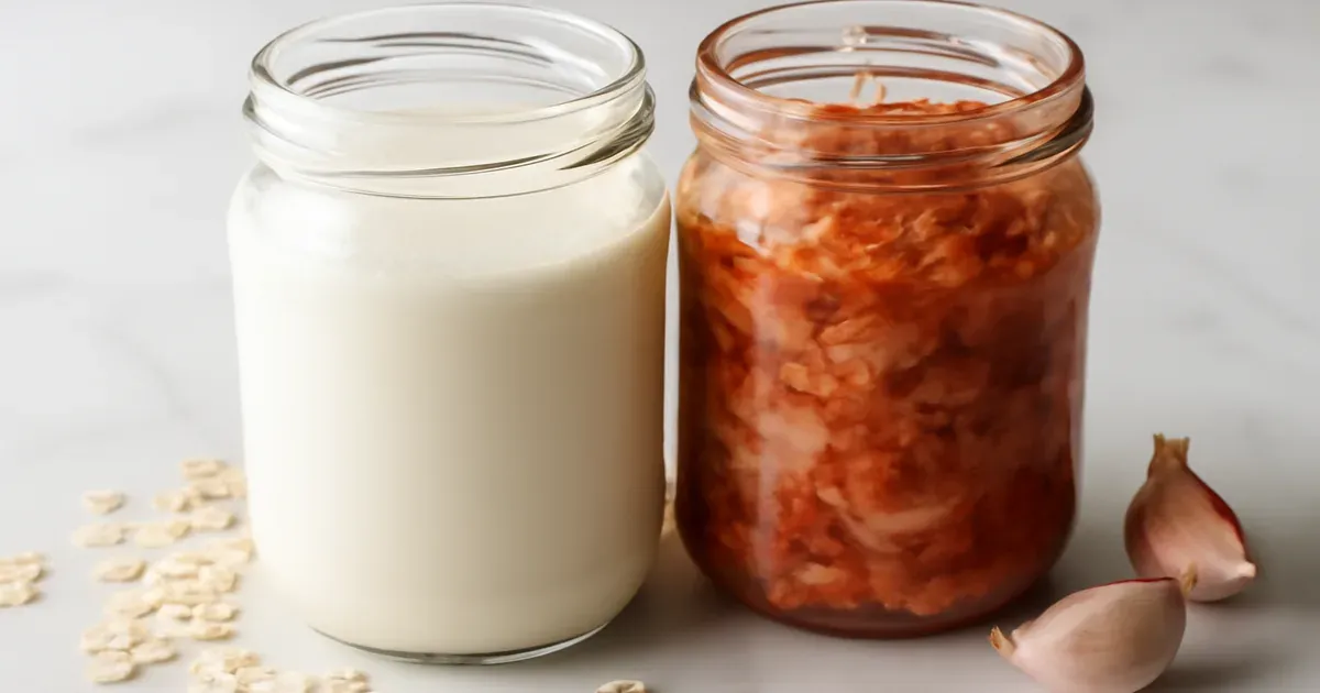 Glass jars of kefir and kimchi representing probiotic gut health foods on a marble surface