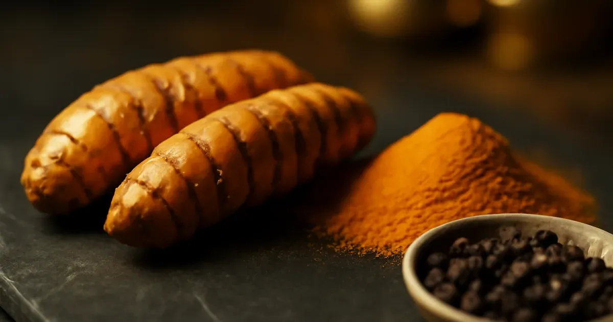 Turmeric root and black pepper on slate — combining both maximises curcumin absorption for gut health
