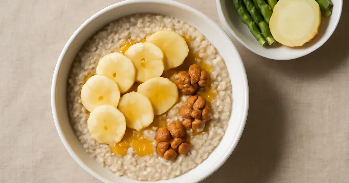 Bowl of oatmeal with banana beside asparagus and onion — prebiotic-rich gut health foods