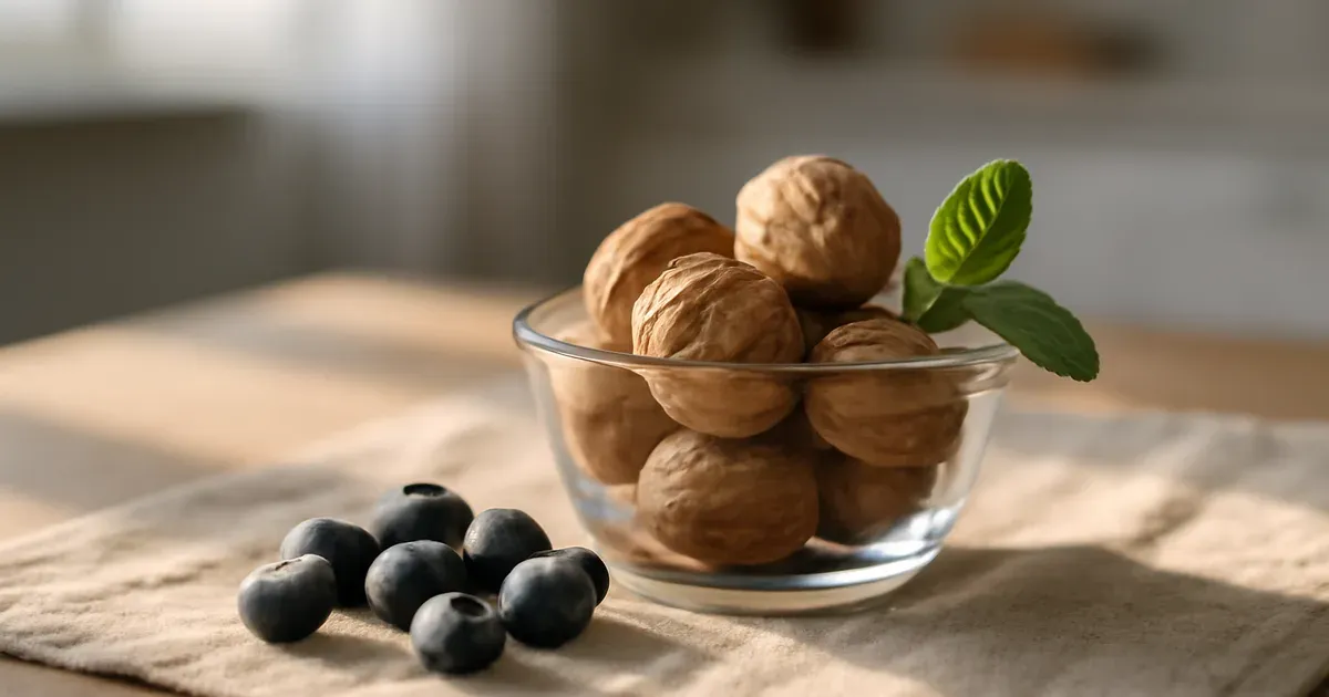 Walnuts and blueberries in a bowl — two of the best gut health foods for the gut-brain axis