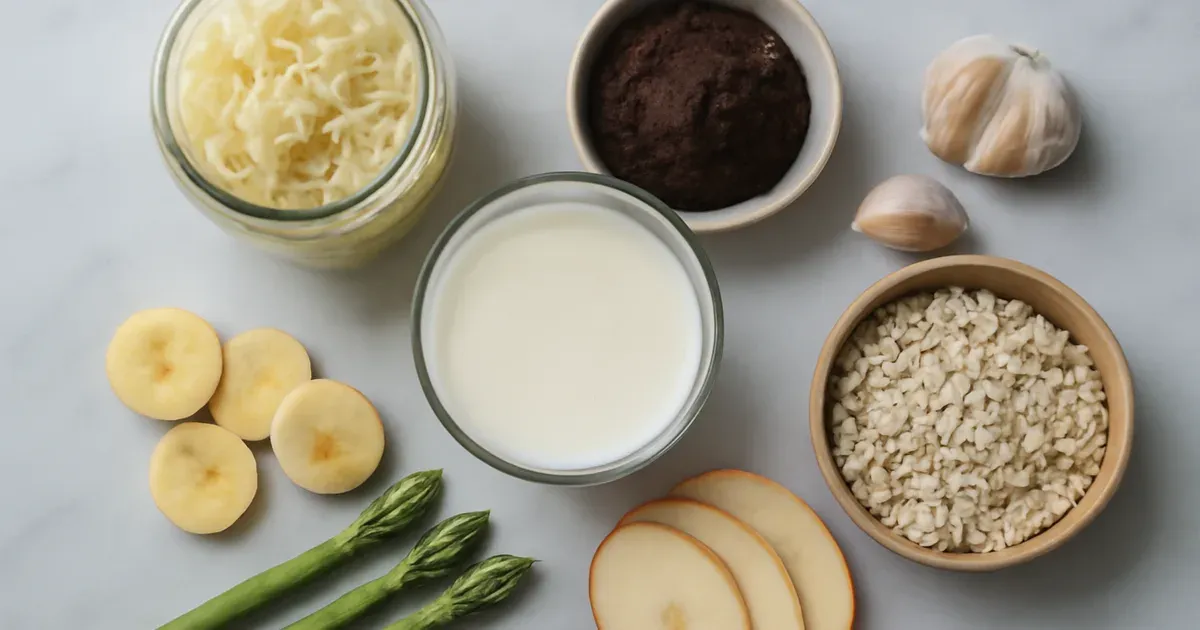 Flat-lay of probiotic foods including kefir, sauerkraut, miso alongside prebiotic foods like garlic, oats, and banana
