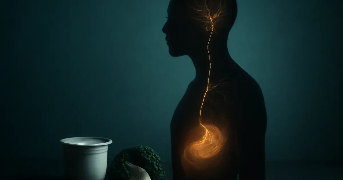 Conceptual illustration of the gut-brain axis showing a neural connection between gut and brain