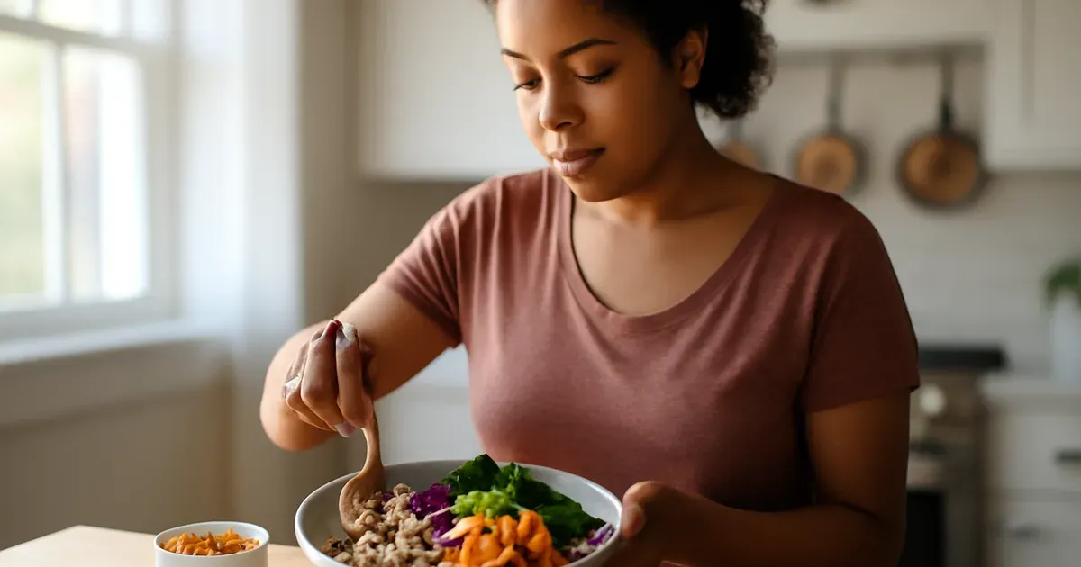Person assembling a colourful gut-healthy grain bowl with whole grains, roasted vegetables, kimchi, and avocado