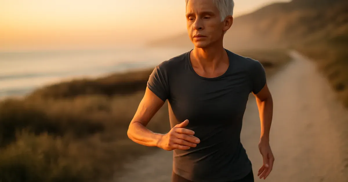 Fit adult running at dawn representing healthy biological aging and longevity