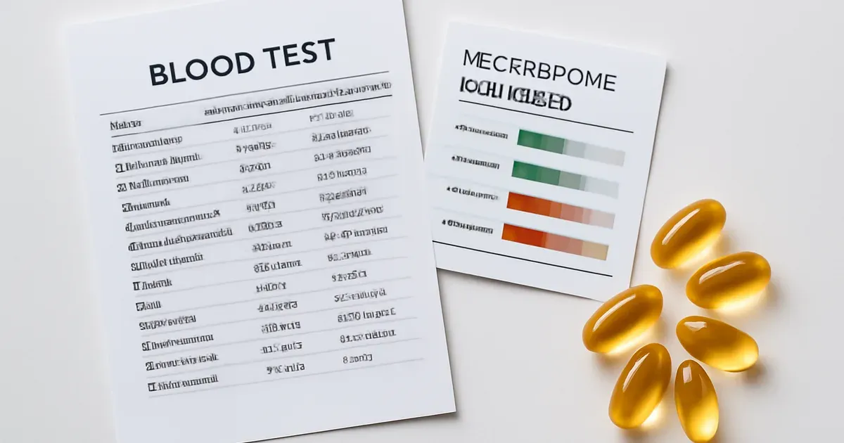 Blood test panel and microbiome report representing biological aging biomarkers