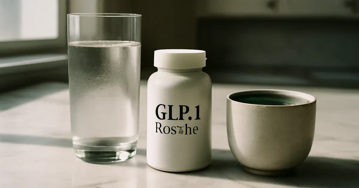 Bioma GLP-1 Booster supplement bottle on a kitchen counter representing natural gut health weight loss support