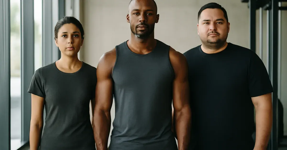 Three people representing ectomorph, mesomorph, and endomorph body types standing in a gym
