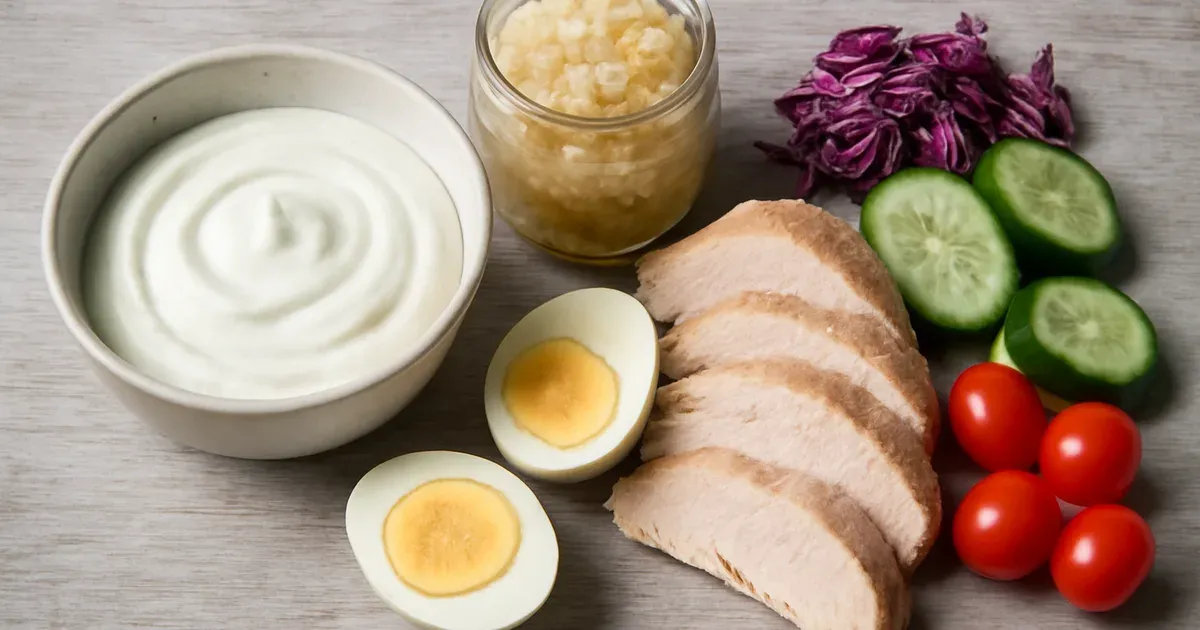 Probiotic and high-protein foods arranged on a wooden surface supporting gut microbiome health for different body types