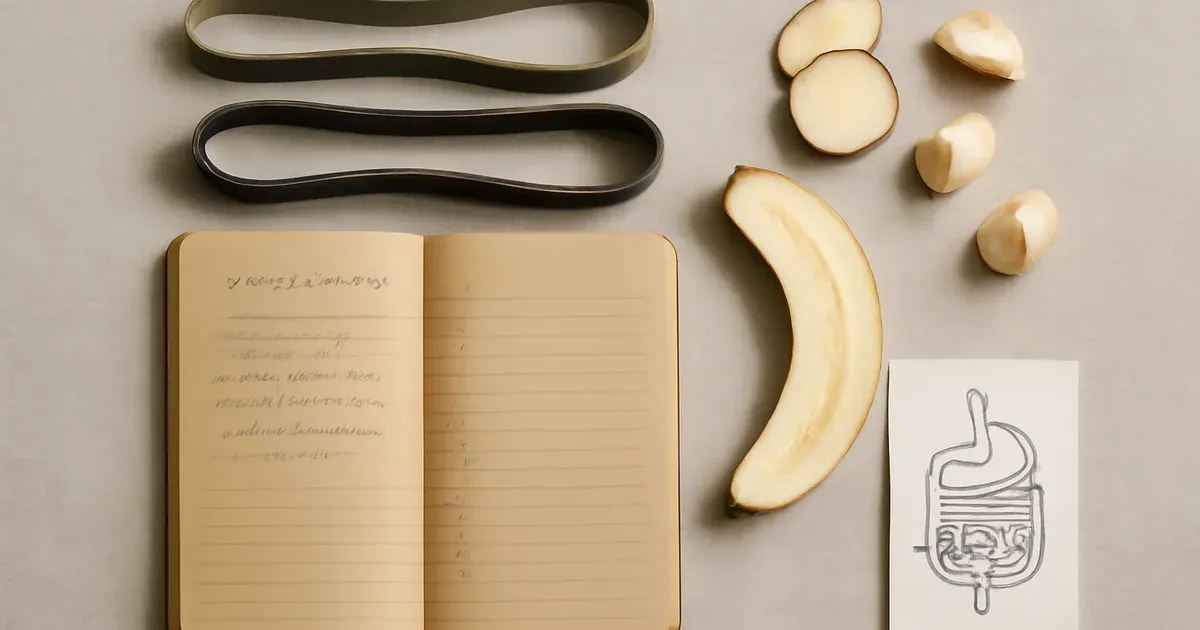 Fitness journal resistance bands and gut health foods flat lay representing body type workout gut health planning