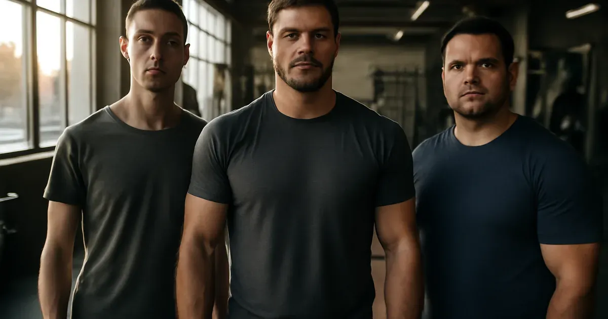 Three men with different body types standing in a gym representing ectomorph, mesomorph, and endomorph body type training