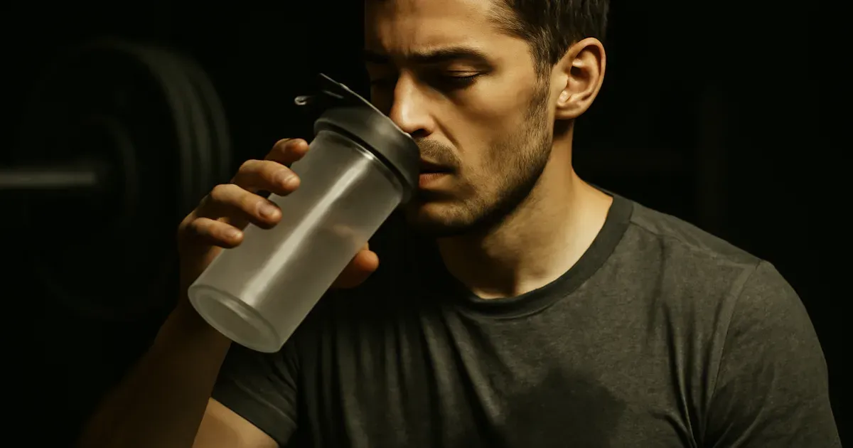 Lean ectomorph male drinking a protein shake after compound lifting session for body type training