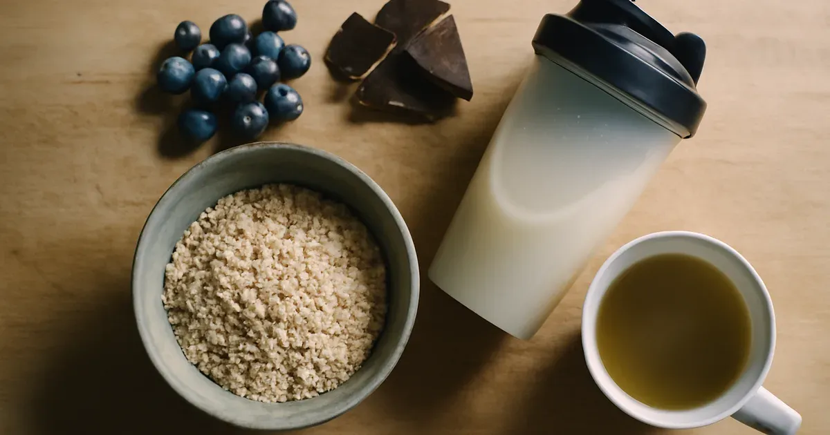 Post-workout gut-supportive foods including blueberries dark chocolate oats and green tea for microbiome recovery