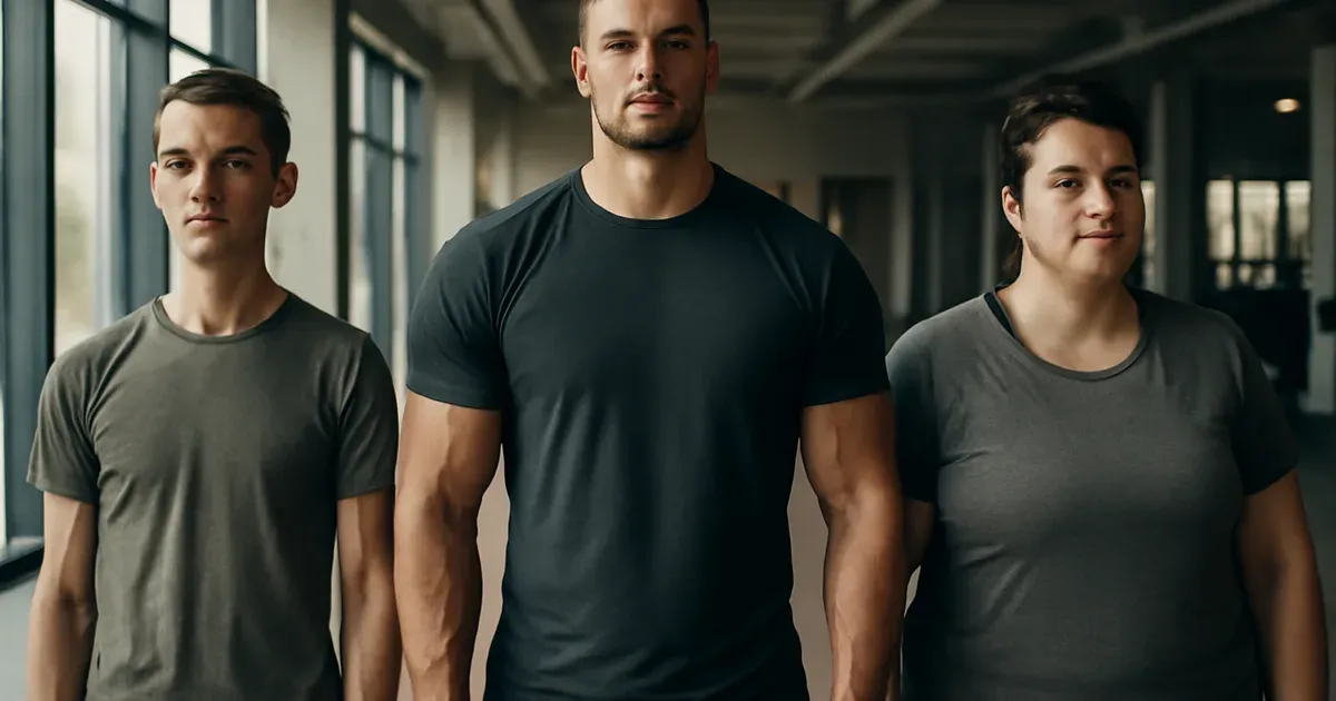 Three people with different body types standing in a gym representing ectomorph mesomorph and endomorph body type workout