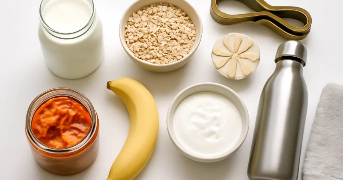Gut health recovery foods including kefir oats kimchi and bananas alongside gym equipment for body type workout recovery