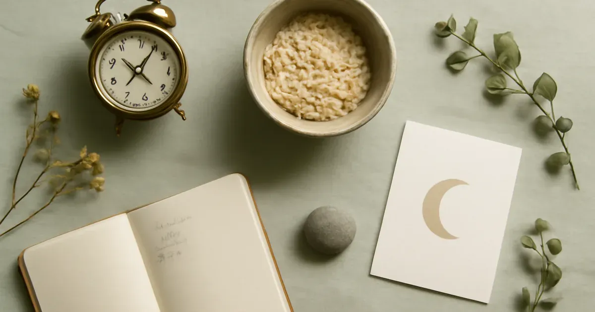 Flat-lay showing morning, pre-meal, and evening breathwork timing cues for daily gut health routine