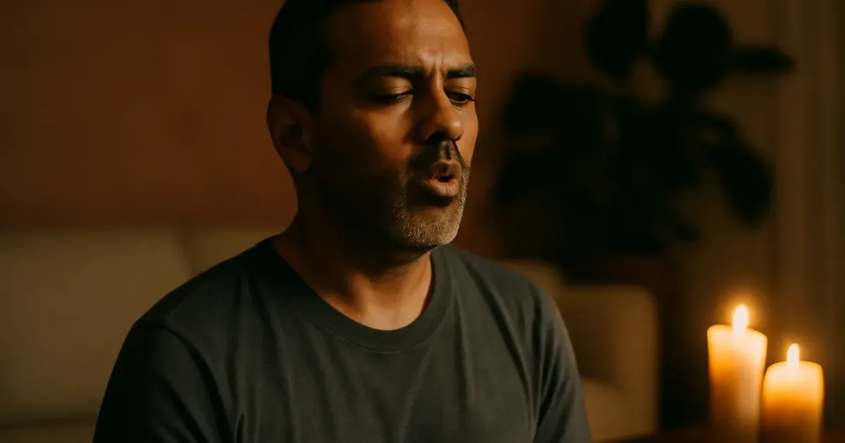 Man practising humming breath in the evening to stimulate the vagus nerve for gut health and relaxation