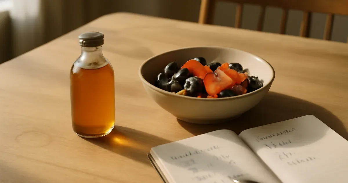 Gut-friendly breakfast with probiotic shot and fibre-rich foods paired with morning breathwork journaling