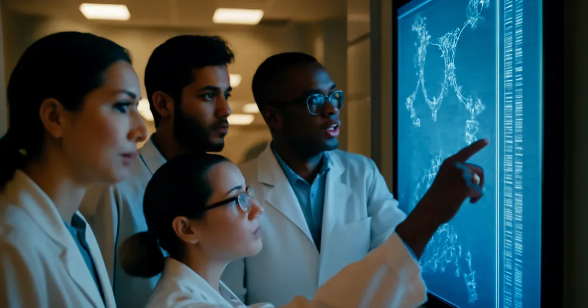 Scientists reviewing BRP peptide molecular data in a biotech lab as clinical trials approach for human weight loss