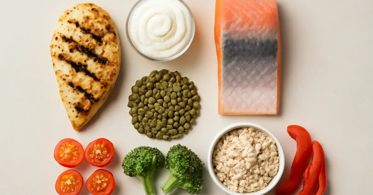 High-protein meal prep foods including chicken, salmon, lentils and yoghurt supporting muscle growth and gut health