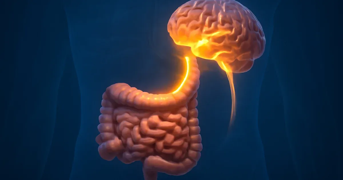 Illustration of the gut-brain axis showing bidirectional communication between gut microbiome and the brain